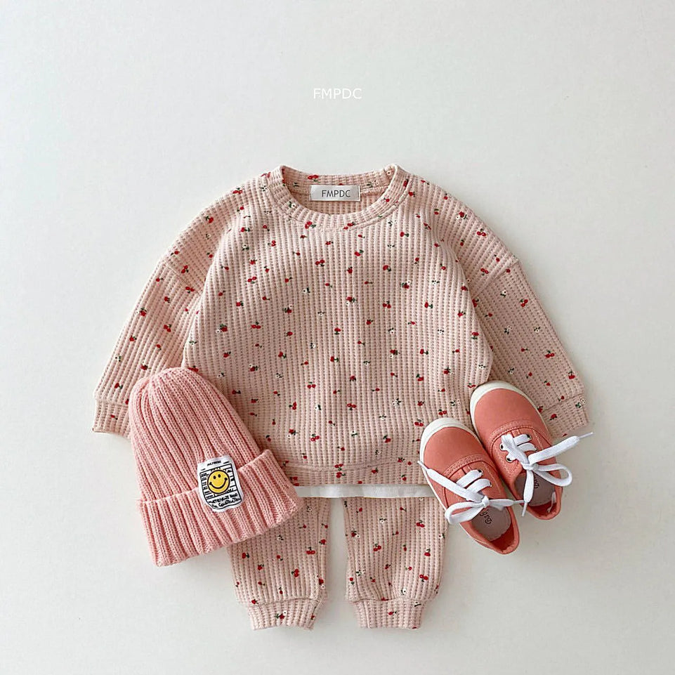 2024 New Toddler Kids Waffle Cotton Clothes Set Many Fruits Print Sweatshirt + Casual Pants 2pcs Boys Suit Baby Girl Outfits