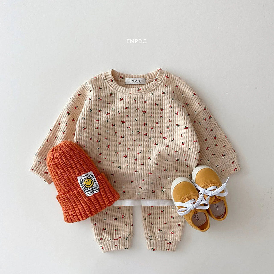 2024 New Toddler Kids Waffle Cotton Clothes Set Many Fruits Print Sweatshirt + Casual Pants 2pcs Boys Suit Baby Girl Outfits
