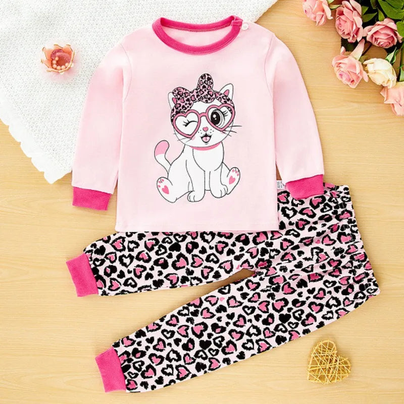 New Kids Pajamas Baby Boys Girls Cute Cartoon Long Sleeve T-Shirt Top + Pants Toddler Autumn Sleeping Clothes Sets Loungewear